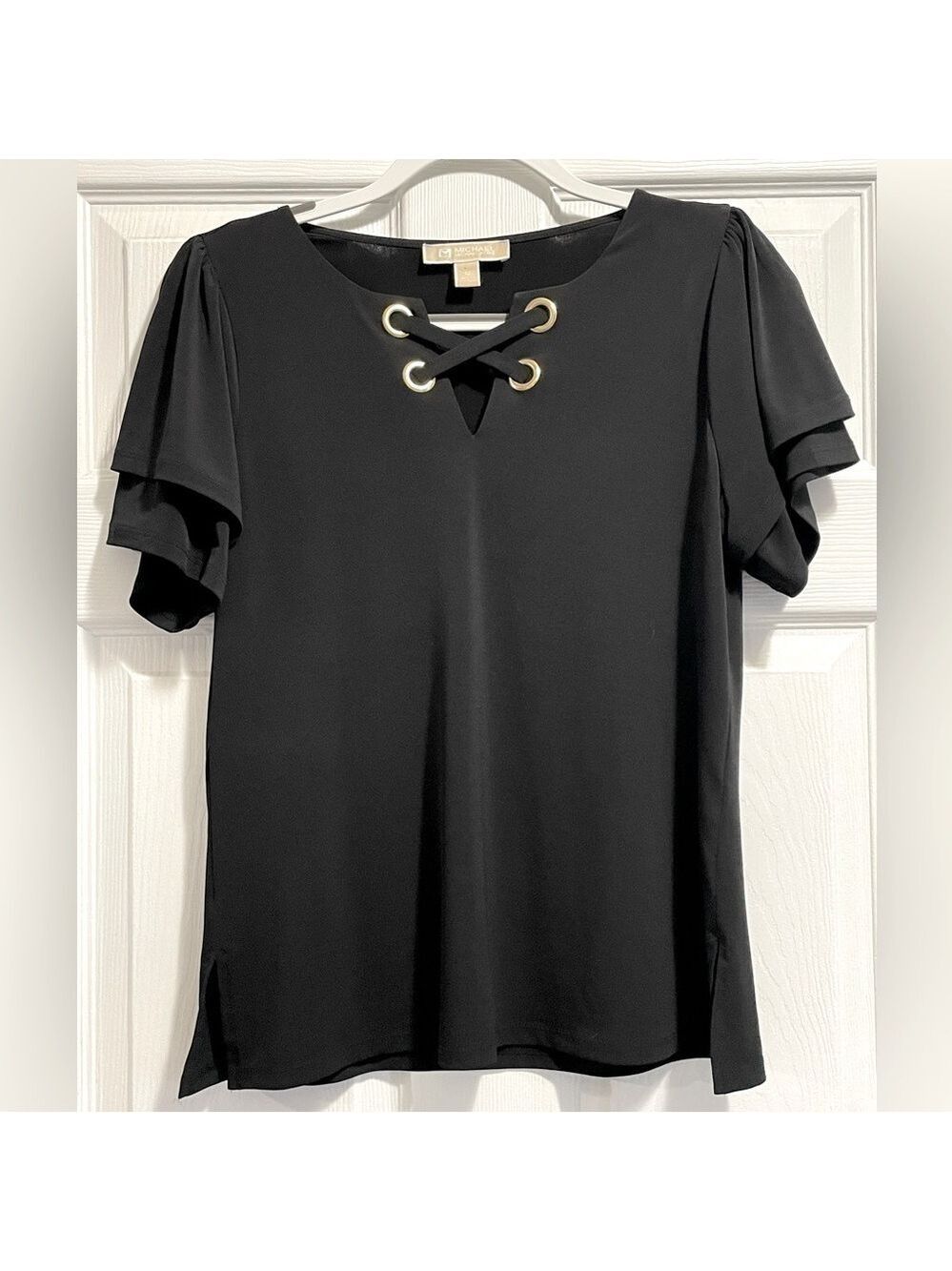 Michael Kors Black Top Gold Rings Criss Cross Front V Neck Short Sleeve Blouse M